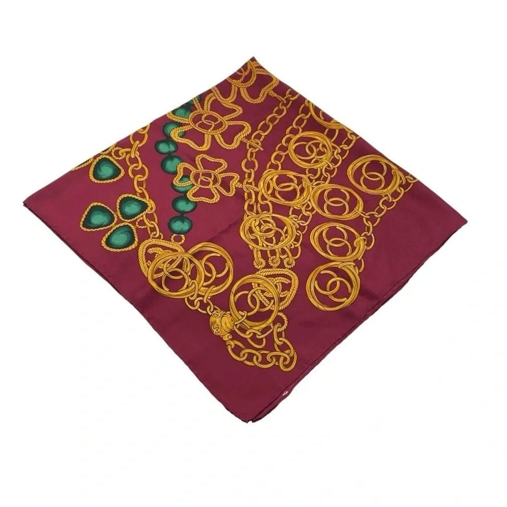 Auth Chanel gold chain and medallion design, Silk Scarf